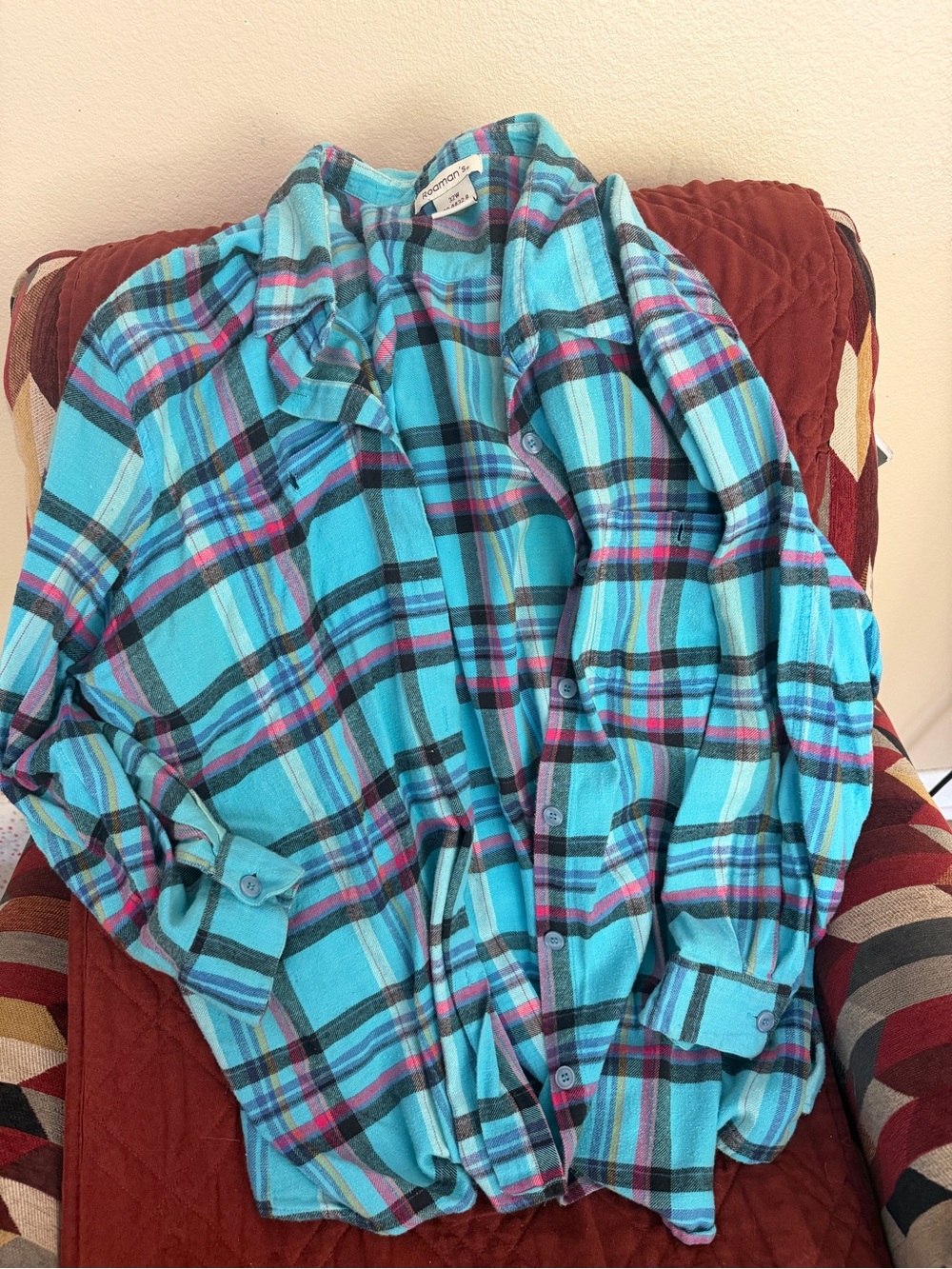 Roaman's Turquoise Plaid Button-Down Shirt